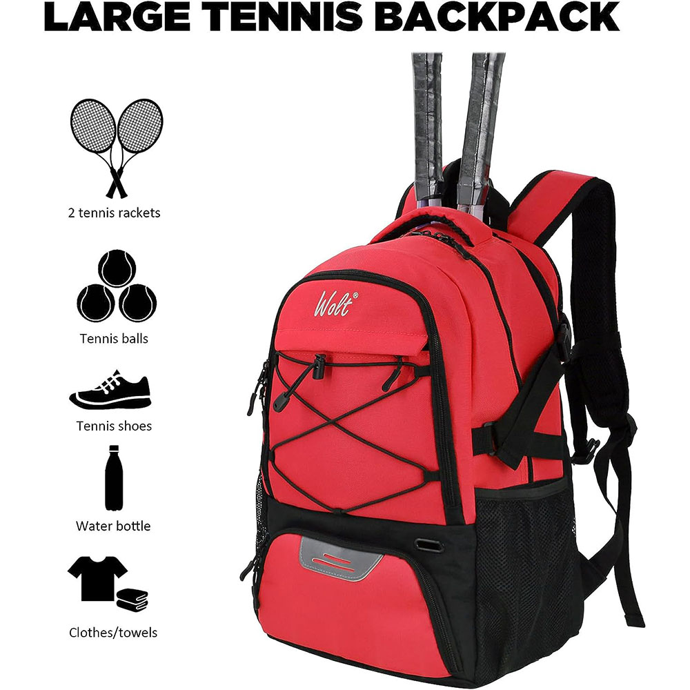 WOLT Tennis Backpack Tennis Bag with Ventilated Shoe Compartment Holds 2 Racket(Red) Wolt Sports