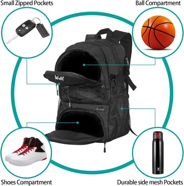 WOLT | Basketball Backpack Large Sports Bag with Separate Ball Holder & Shoes Compartment - Image 2
