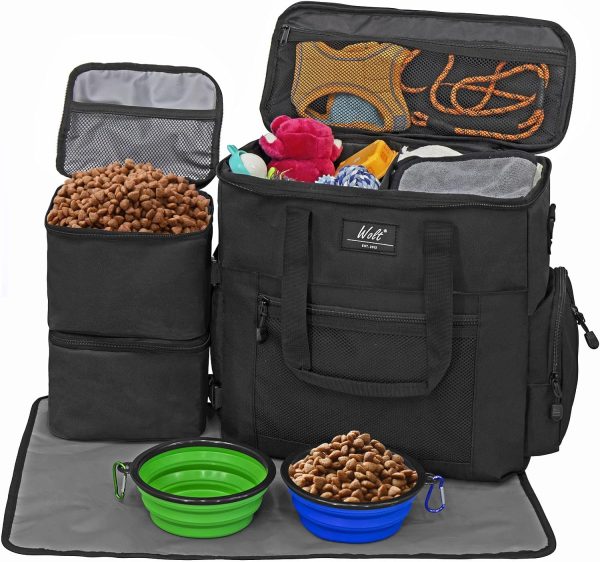 WOLT | Pet Travel Bag Kit for Dog Carrier & Travel, Includes 2 Food Containers + 2 Collapsible Bowls + 1 Placemat